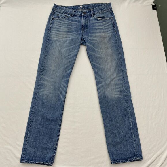 7 For All Mankind Jeans Mens 34x31 Blue Slimmy Straight Fit Denim Whiskered - Picture 1 of 11